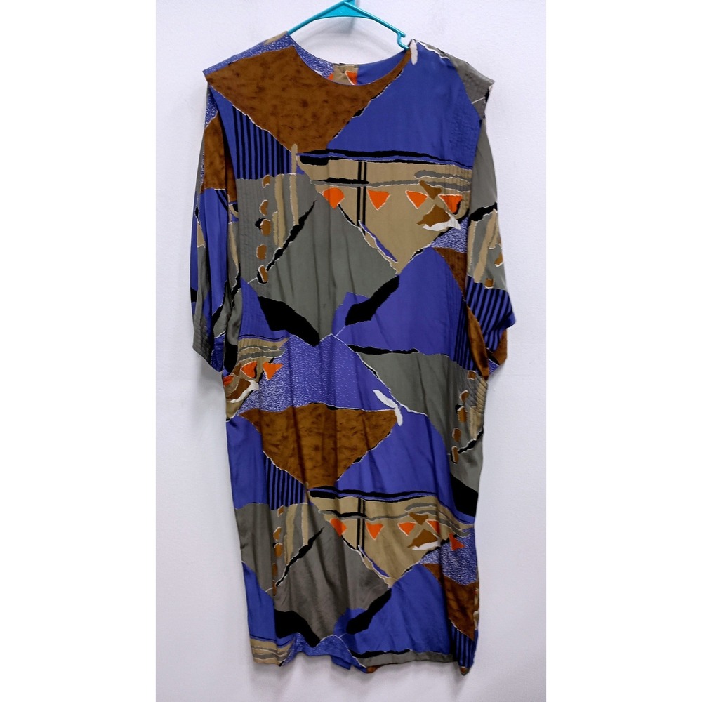 VTG 80s Argenti for Casual Corner Dress Womens 12 Blue Silk Abstract Art BOHO